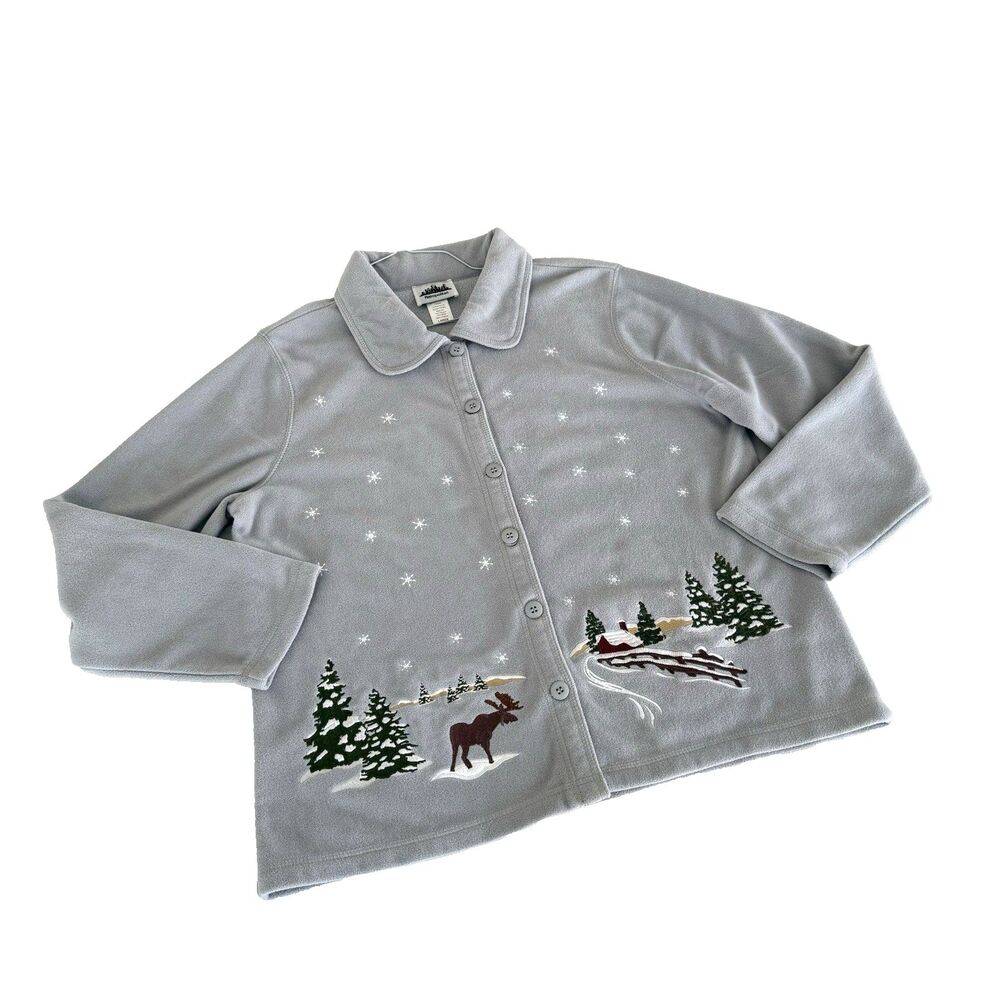 METROPOLITAN Woman Fleece Jacket L Gray Embroidered Moose Winter Scene Cabin
